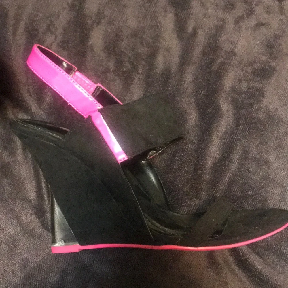 Dolls Kill Black Suede Wedge Heels with Hot Pink Trim